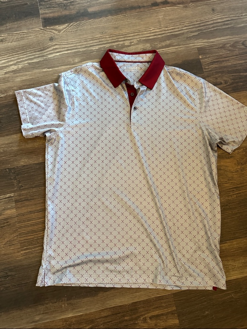 Men's White Polo with Red Collar and Micro X Pattern